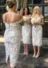 Lace Bridesmaid Dresses Off The Shoulder Knee Length Sheath Pleats Back Slit Custom Made Plus Size Maid Of Honor Gown Vestidos Beach Wedding 403