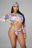 3 Pieces Set Bikini Sexy Long Sleeve Printed Swimwear Zipper Swimsuit Ladies Split Explosions Drop 220622