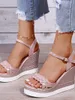 Kobiety letnie sandały na koturnie sandały na platformie pasek z wystającym palcem masywne dno obuwie złote srebrne różowe sandały 10cm 220421