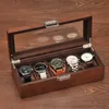 Cajas de reloj Estuches Estilo de madera 5 rejillas Soporte de pantalla de color marrón con tapa de vidrio