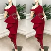 2022 2022 Real 사진 빨간 이브닝 드레스 새틴 러프 레이스 숄더 머메이드 댄스 파티 드레스 사용자 정의 만든 플러스 사이즈 칵테일 가운