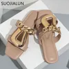 SUOJIALUN Estate Donna Pantofola Moda Fibbia in oro Tacco piatto Outdoor Beach Slide Punta quadrata Casual Slip On Flip Flop Big Size 42 220627