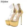 Nxy Sandals Golden Platform PVC透明女性セクシーなのぞき見つま先のつま先ウェディングドレス超薄いハイヒールサマーレディースシューズ