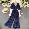 Kobiety Polka Dot Rompers Korean V Neck Backless Sleeve Sumpsuits Summer Chic Elastyczne Ruche Rompers 210715