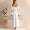 Robes décontractées bohème blanc taille élastique Slash cou gaze à manches courtes plissé couleur unie Simple élégant robe d'été femmes 2022Casual