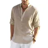 Casual Mens Cotton Linen S Summer Loose Long Sleeve Solid Tee Fashion Vneck Breattable Manlig blus Skjorta Topps 220721