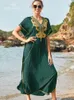 Vintage Embroidery Kaftan Sexy Vneck Batwing Sleeve High Waist Maxi Dress Tunic Women Clothing Summer Beach Dresses Q660 220527