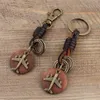 Keychains Vintage Key Chain Handmade Leather Keychain Round Wood Bronze Airplane Pendant Car Ring Emel22