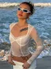 Fashion Lace Trim Mesh Crop Tops 90s Aesthetics Patchwork Square Neck Long Sleeve White Sexy Tees Summer T Shirts 220714