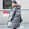 Inverno X-Long Brilhante Feminino Sólido Parkas Plus Size com colar de pele com capuz espessos estilo coreano Coats e jaquetas mulheres 20126