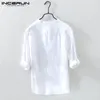 Incerun Men Shirt Cotton 3/4 Sleeve Stand Collar Harajuku Tops Solid Color Vintage Brand Shirts Streetwear Camisa Masculina220812