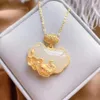 Womens Vietnam Placer Gold Gilding Ancient Heritage Gold Inlaid Hetian White Jade Lotus Leaf Fish Lock of Good Wishes Pendant Neck331P