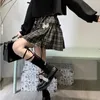 Houzhou Kawaii Gothic Ita Plaid Kjol Kvinnor Goth Bow Black High Waist A-Line Mini Kjolar Japansk stil Harajuku Soft Girl 220401