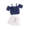 2022 Girl Set Summer Kid Clothes Fashion Suspenders Off-The-Shoulder Top+Shorts 2Pcs Children Clothes G220509