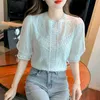Bloups feminina camisas de verão Blusa de crochê 2022 Camisa de renda curta de mangas curtas