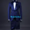 Smoking da sposa blu Abito formale da uomo Slim Fit Scialle in raso Colletti con bavero Abiti da uomo Abito da sposo su misura Blazer per giacca da ballo e pantaloni con fiocco