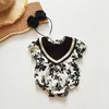 infantile fleur imprimé barboteuse 2022 bébé fille dentelle à manches courtes à volants combinaisons été nouveau-né enfants princesse onesie bambin vêtements S2114