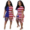 Kvinnors spårsättningar Summer American Flag Printed Tees 2 Piece Set Casual Skinny Top Short Sleeve Tassels Biker Shorts Stripe Fashion Street w