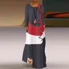 Fashion Women Vintage Boho Style O Nek lange mouw stiksel kleurblok golvende lijn zakken maxi losse jurk l220706