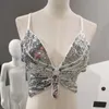 Y2K Butterfly Sequin Crop Top Women Summer Backless V Neck Sexy Club Costume Outfits Festival Clothes Bandage Bra Tops 220607