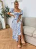 Ditsy Floral Print Puff Sleeve Tie Front High Split Dress Women Ruched Drawstring Party Long Dress Vestidos Sundress 220514