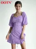 Ootn Summer Elegant Dress Holiday Floral Print Slash Neck Back Lace Up Womens Dress Purple Slit Lantern Sleeve A-Line Dress 220511