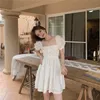 A line Dresses Women Floral Ruffles Square Collar Puff Sleeves High Waist Summer Casual Mini Korean Style Ulzzang Soft Daisy Ins 220613