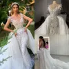 Neuankömmlinge Brautkleid Kristallperlen Meerjungfrau Brautkleider mit abnehmbarem Zug applizierte Federn Saudi -Arabisch Dubai