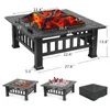 US stock Multifunctional Fire Pit Table 32in 3 in 1 Metal Square Patio Firepit Table BBQ Garden Stove with Spark Screen Cover Log Grate and Poker for a43 UI-JYL-3004-MBK