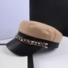 Berets Black/Beige/Khaki Military Hats Shiny Golden Chain Pu Leather Edging Women Fashion Spring Summer Flat Top Chapeau Boys CapsBerets