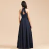 2022 Elegant Navy Blue Bridesmaid klänningar en linje halter nacke veckor ruffles lång hembiträde klänningar kvinnor tillfälle kväll prom kläder plus size bm3005 0702