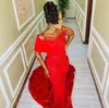 Plus size Arabische Aso Ebi Red Mermaid Sparkly Prom Dresses Pearls Mouwloze avond Formeel feest tweede receptie verjaardag verlovingsjurken jurk zj220 407