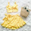 Baby Summer Clothing Toddler Kid Girl Plaid Clothes Vest Crop Top Off Shoulder Shirt Irregular Skirt 2Pcs Outfit Set 220620