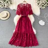 2022 Summer elegante Vestido largo Mujeres Vintage redondo redondo Crochet Hollow Party Vestes Dames Office Vestido