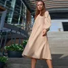 Kvinnor vintage drar tillbaka khaki läder a-line klänning puffhylsa o nacke solid high street elegant casual klänning 2021 vinterklänning t220804