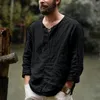 Men's Linen V Neck bandage T shirts Male Solid Color Long Sleeves Casual Cotton Linen tshirt Tops M-3XL 220323