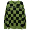 Tröja män brev broderi checkerboard pläd o-hals hoppare vintage college stil överdimensionerade par stickade toppar streetwear t220730