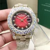 9 Style Watch Full Diamond Red Dail Prezydent 228238 228239 Sapphire Big Diamond Bezel 43 mm 18K Gold Men Automatyczne zegarek z oryginalnym pudełkiem