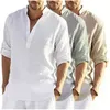 Casual Mens Cotton Linen S Summer Loose Long Sleeve Solid Tee Fashion Vneck Breattable Manlig blus Skjorta Topps 220721