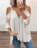 Moda spalle scoperte Top sexy manica in pizzo patchwork camicette larghe Top casual cerniera con scollo a V tunica femminile top T-shirt 220725