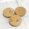 대나무 컵 뚜껑 70mm 65mm 재사용 가능한 나무 메이슨 항아리 뚜껑 밀짚 구멍과 실리콘 짚 밸브