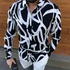 Punk Style Men's Silk Satin Black White stripe printing Shirts Male Slim Fit Long Sleeve Flower Casual Party Shirt Tops 220330