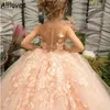 Dusty Pink Puff Ball Gown Flower Girl Dresses For Wedding Party 3D Flowers Princess Kids Formal Wear Little Girl's Pageant Gowns Toddler First Communion Dress CL0586