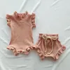 2 pièces infantile fille vêtements ensemble gaufré coton à volants né gilet barboteuse hauts Bloomer Shorts costume bébé tenues d'été vêtements 2206023277527