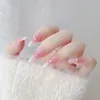 False Nails Press On Long Pink Heart Coffin Clear Rhinestones Design Ballerina Fake Manicure Full Cover Nail TipsFalse