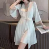 Kvinnors Sleepwear Women 2pcs Robe Set Sexig Satin Kimono Bathrobe Gown Nightwear Lace Patchwork Lounge Wear Nightgown Underkläder