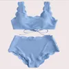 Kvinnor Scalloped Textured High midja Bikini Set Solid Two Pieces Beach Bathing Swimwear Lace Biquinis Womens