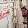 Houzhou Kawaiiウールウールピンクチェック柄マーメイドスカート女性秋日本の甘いエレガントハイウエストスリムストラップロングスカートソフトガール220317