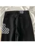 Retro checkerboard sömmar mikroblåsade svarta jeans kvinnors sommardesign hög midja tunna råa kantbyxor kvinnliga denimbyxor T220728