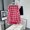 Spring New LF Rose Pink Plaid Pearl Belt V Neck Lantern Rleeve Wool Cardigan Sweter